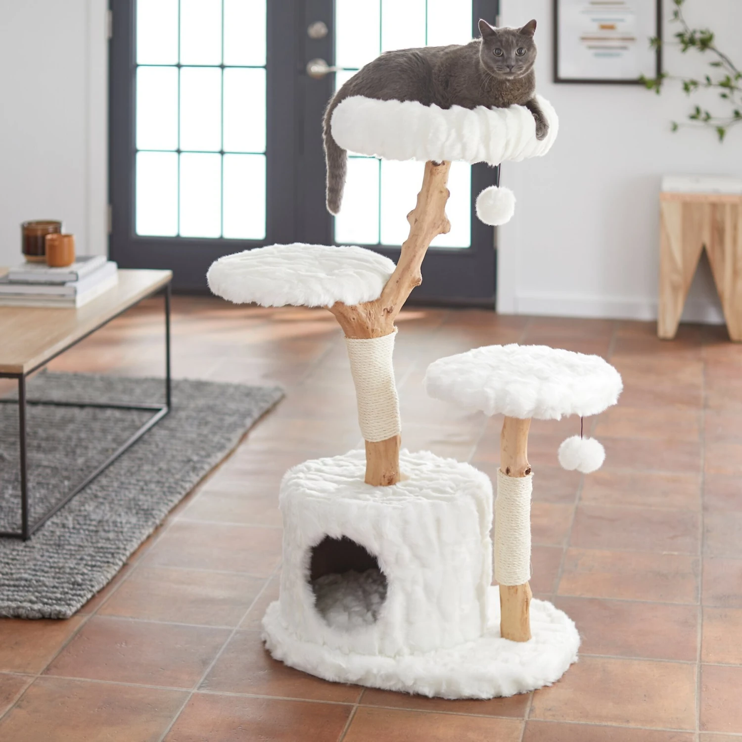 Frisco Natural Wood Modern Cat Tree With Toy, Ivory, Large 1 Frisco Natural Wood Modern Cat Tree With Toy, Ivory, Large