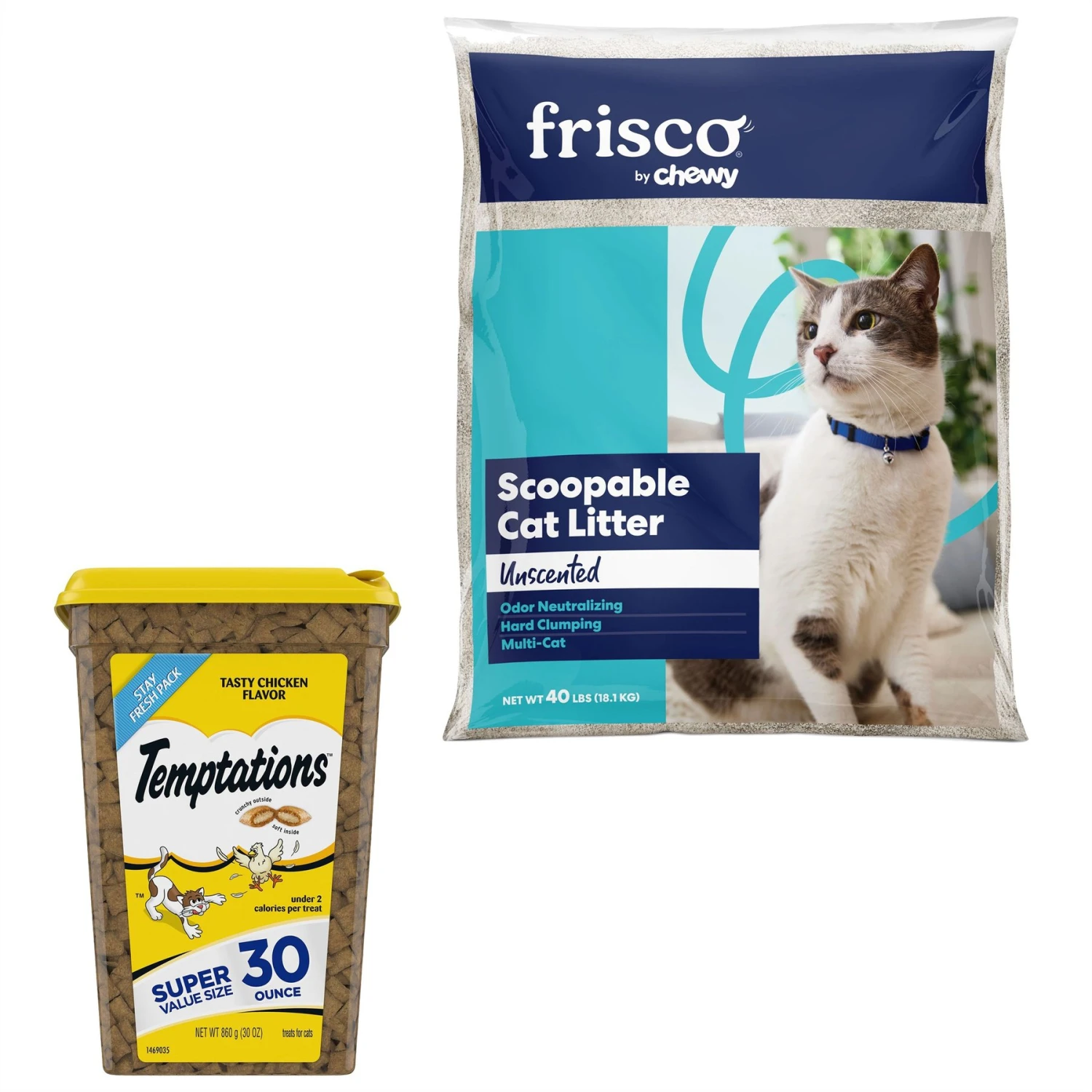 Temptations Classic Tasty Chicken Flavor Soft & Crunchy Cat Treats & Frisco Multi-Cat Unscented Clumping Clay Cat Litter 1 Temptations Classic Tasty Chicken Flavor Soft & Crunchy Cat Treats & Frisco Multi-Cat Unscented Clumping Clay Cat Litter