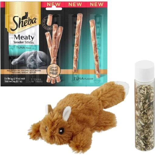 Sheba Meaty Tender Sticks Tuna Flavor Soft Adult Cat Treats & Frisco Squirrel Plush Cat Toy With Refillable Catnip -Frisco Shop 298510 MAIN. AC SS1800 V1623195163
