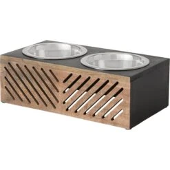 Frisco Premium Wood Elevated Stainless Steel Double Diner Dog & Cat Bowl, Black, 3 Cup
