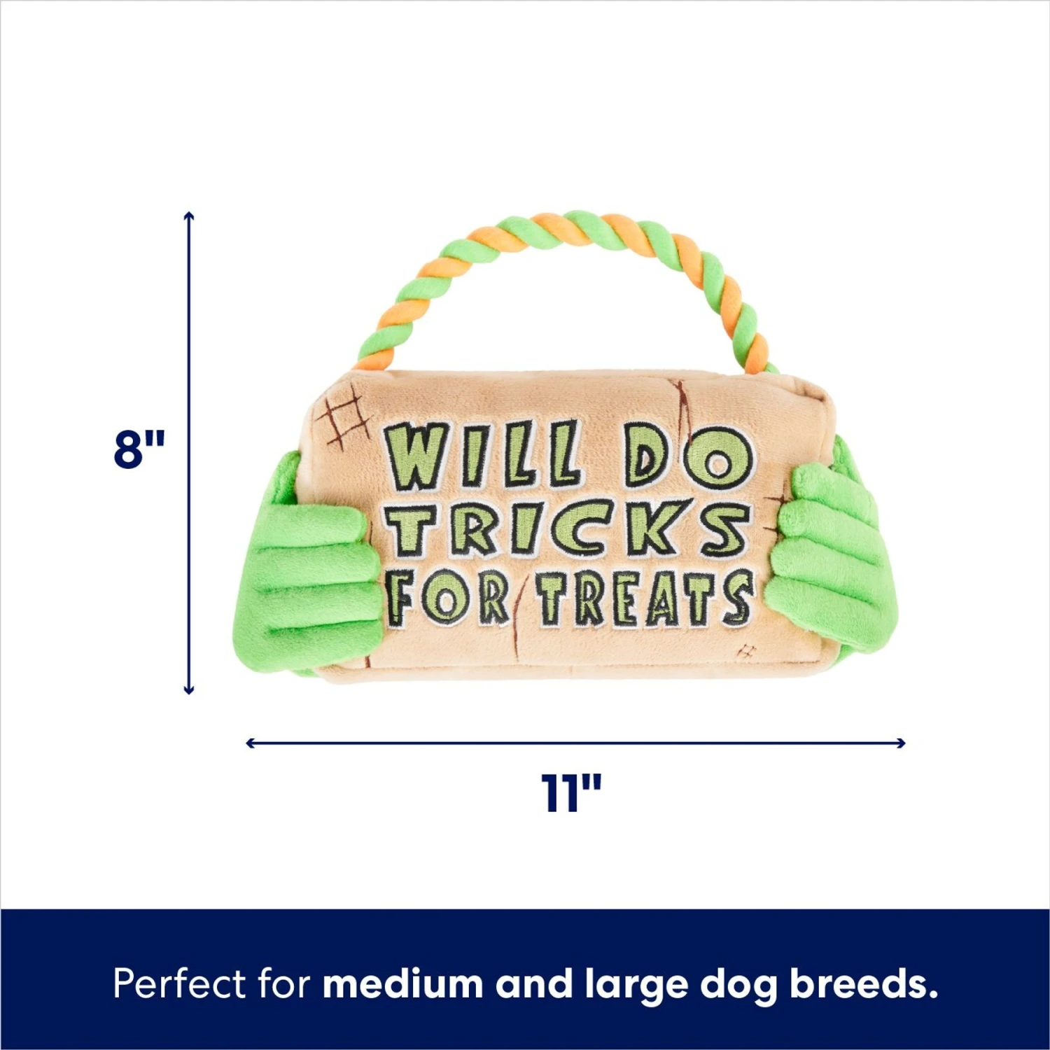 Frisco Halloween "Will Do Tricks For Treats" Sign Plush With Rope Squeaky Dog Toy 2 Frisco Halloween "Will Do Tricks For Treats" Sign Plush With Rope Squeaky Dog Toy - Image 2